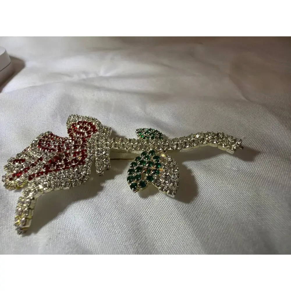 Large Red Rose Brooch Clear Red Green Rhinestones Silver Tone Flower Pin VTG